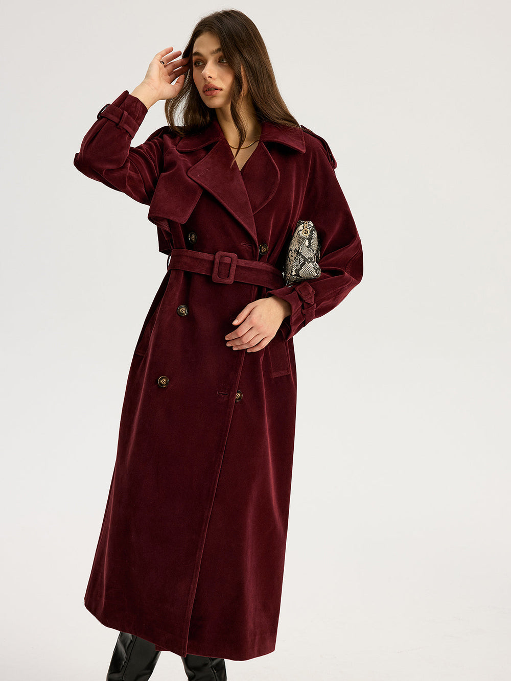 Belted Double-Breasted Suede Long Trench Coat  Liora Lane Boutique Trench Coats