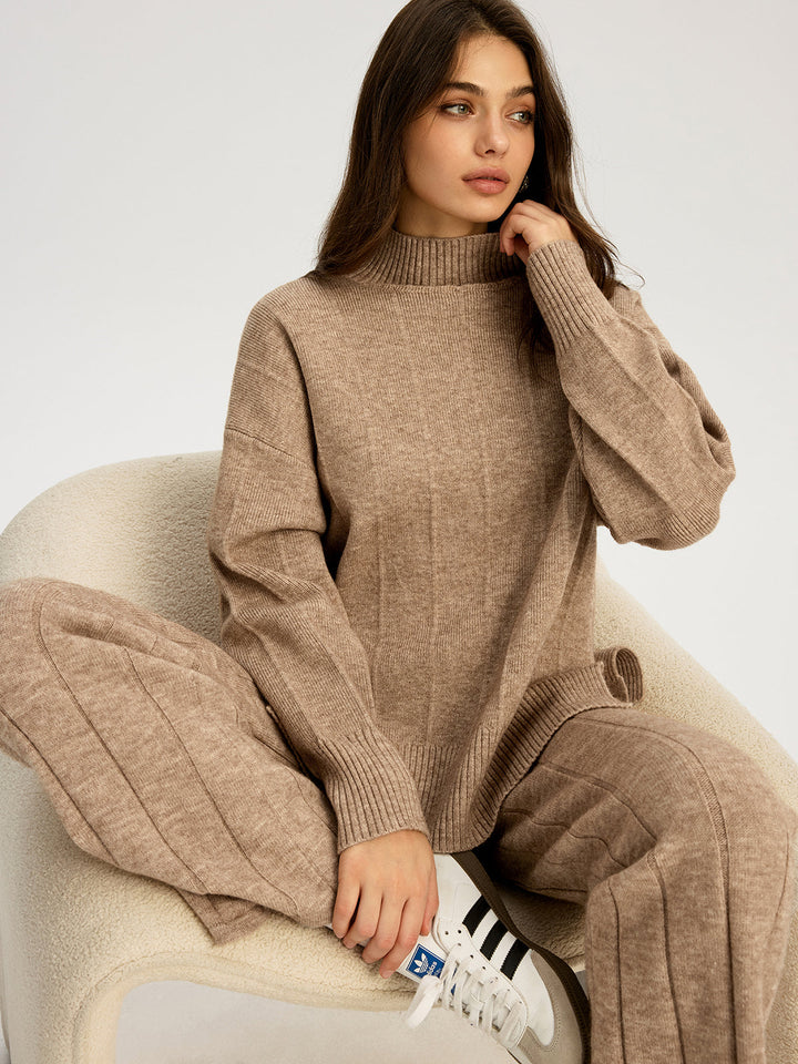 Soft Wide Rib Exposed Seam Jumper And Wide Leg Co-ord  Liora Lane Boutique Sweater Co-ords Khaki / XL 89.00