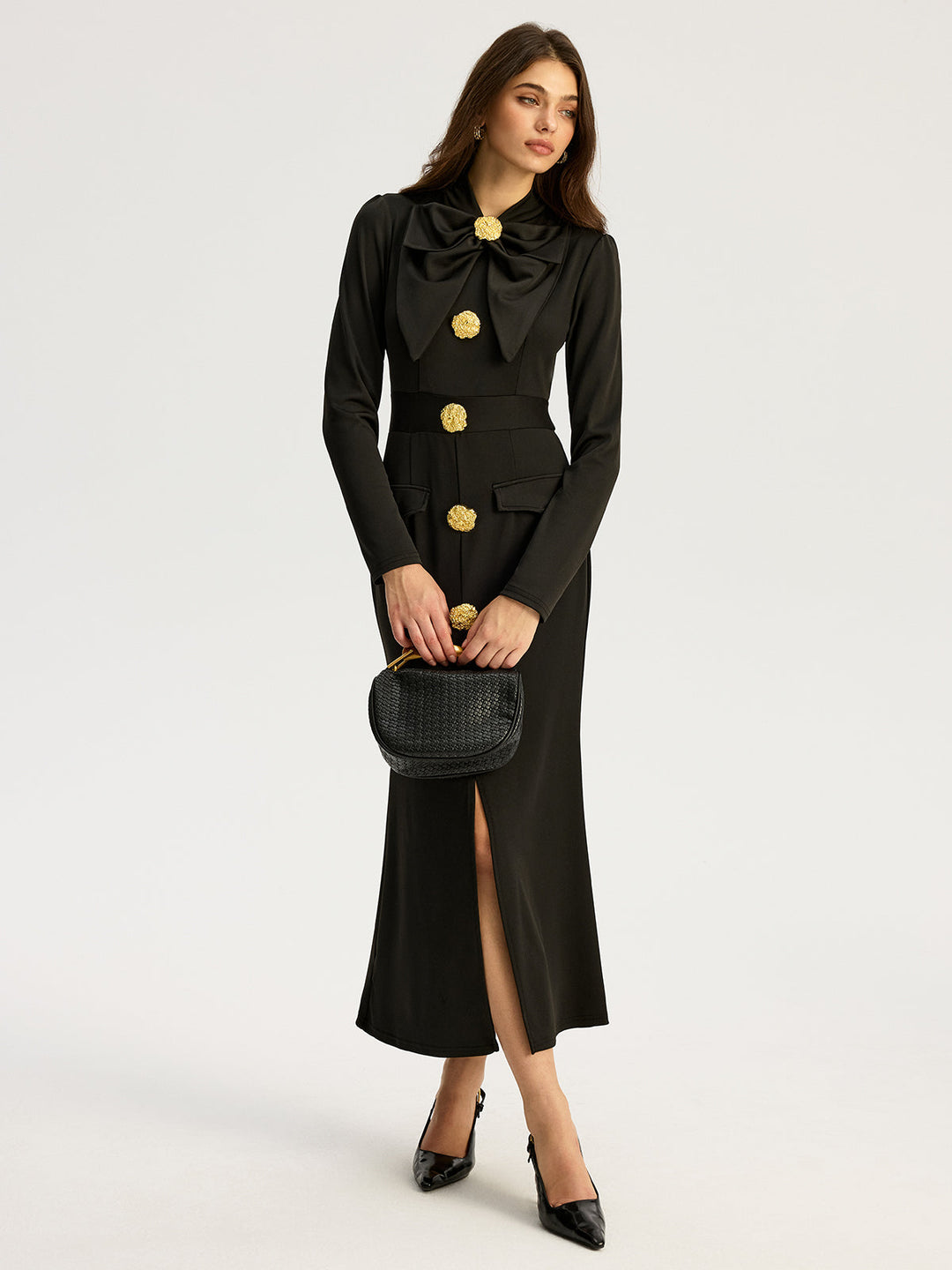 Bow-collar Long-Sleeved Dress with Metal Button  Liora Lane Boutique Dresses Black / XL 52.00