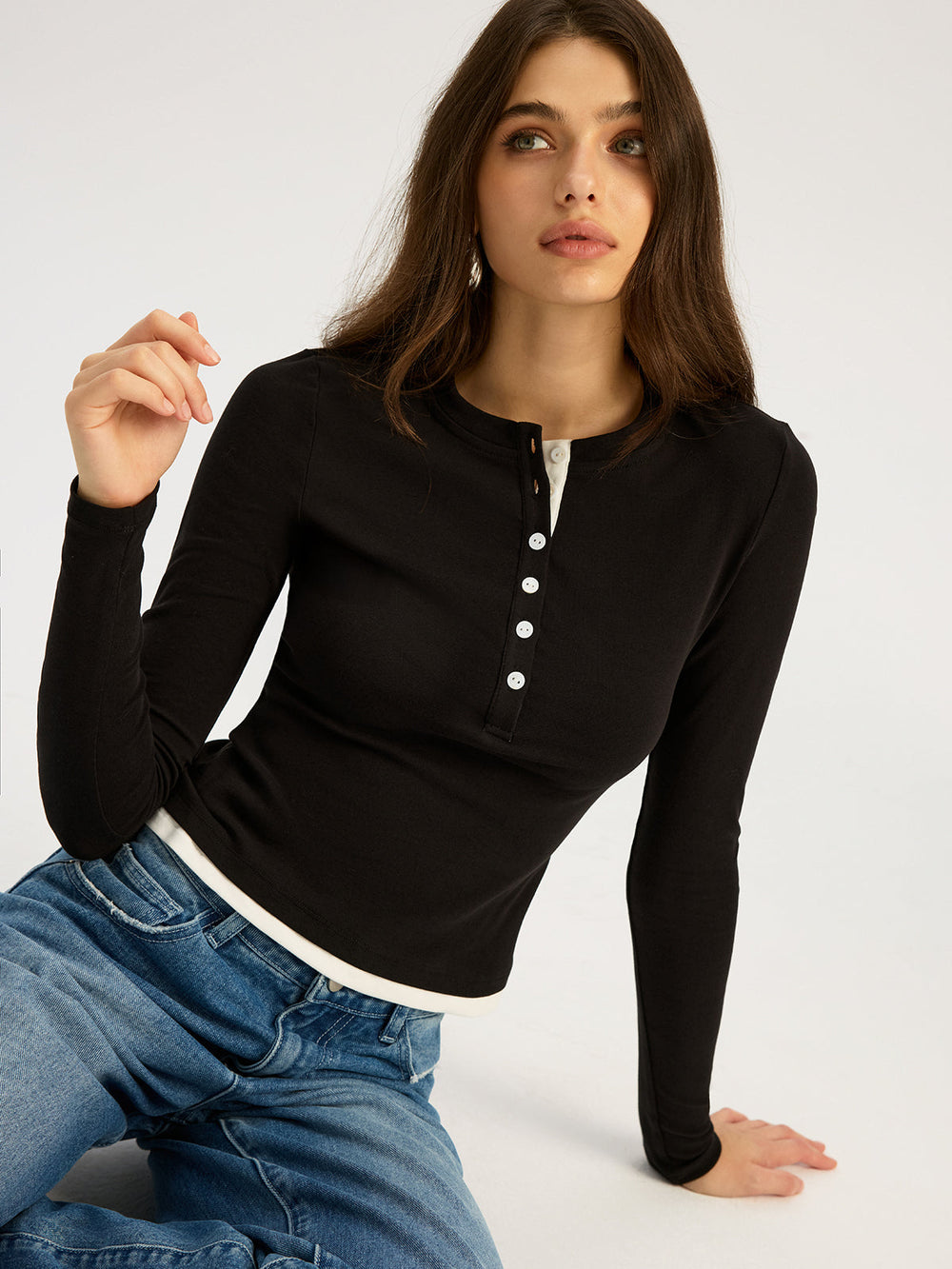 Contrast Trim Cotton Blend Long Sleeve Top  Liora Lane Boutique T-Shirts