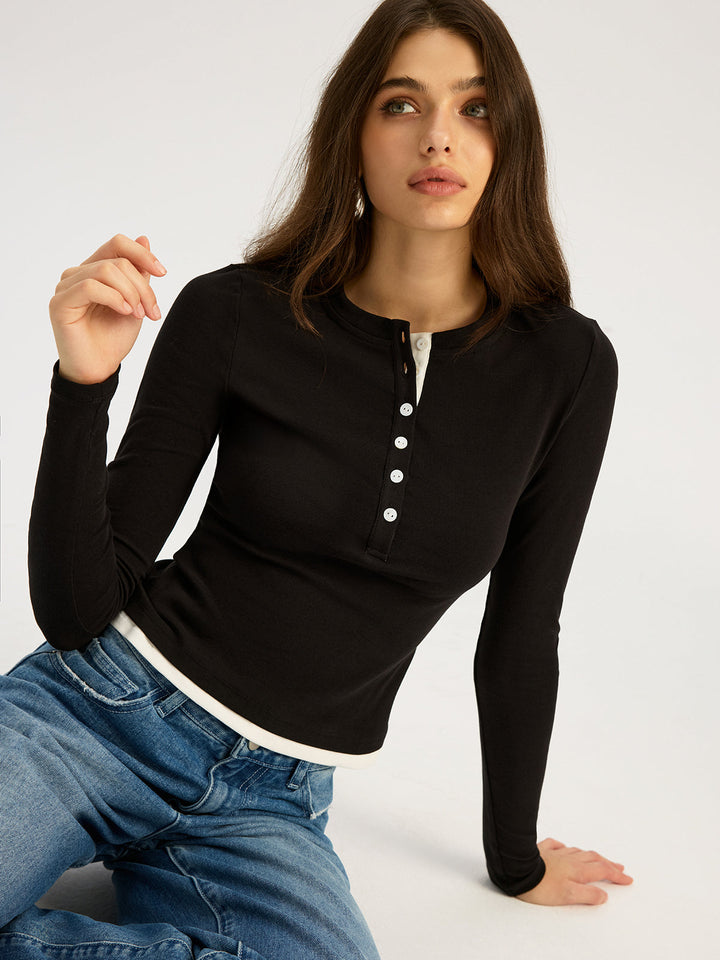 Contrast Trim Cotton Blend Long Sleeve Top  Liora Lane Boutique T-Shirts