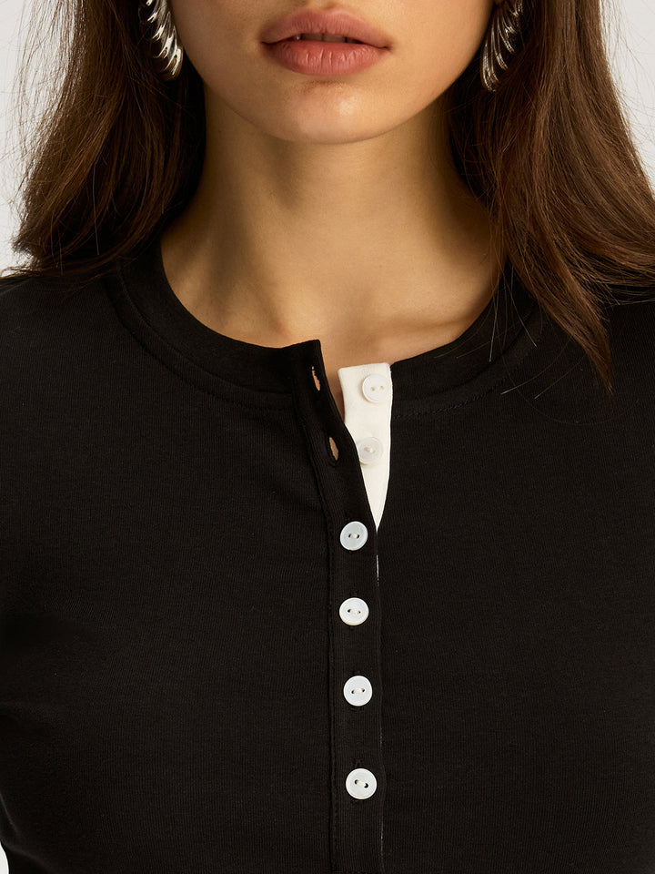 Contrast Trim Cotton Blend Long Sleeve Top  Liora Lane Boutique T-Shirts