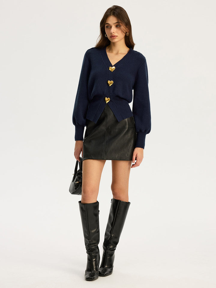 Heart Metal Button V-Neck Cardigan  Liora Lane Boutique Cardigans Dark Navy / XL 84.99