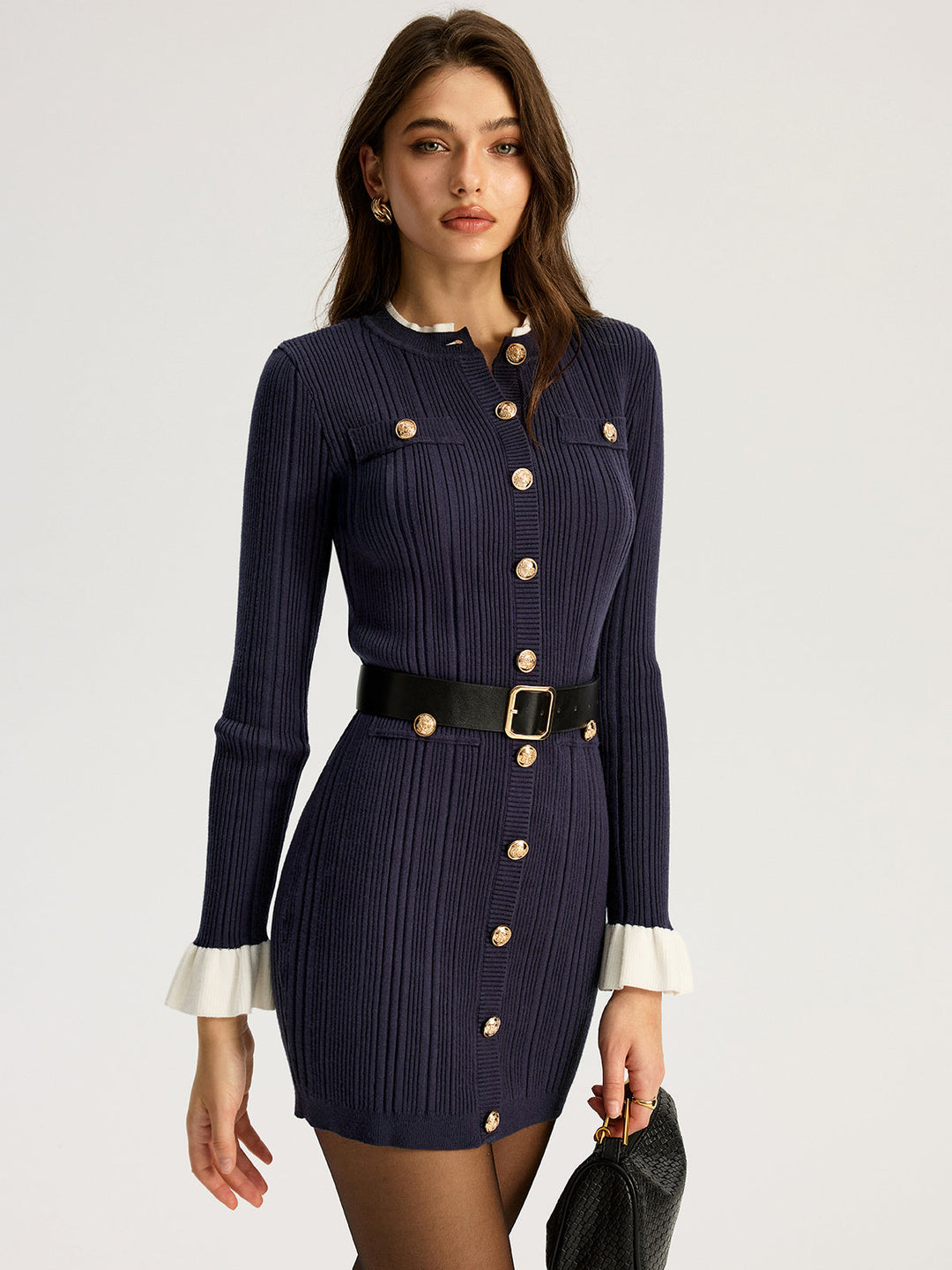Contrast Cuff Metal Button Belted Mini Dress  Liora Lane Boutique Sweater Dresses