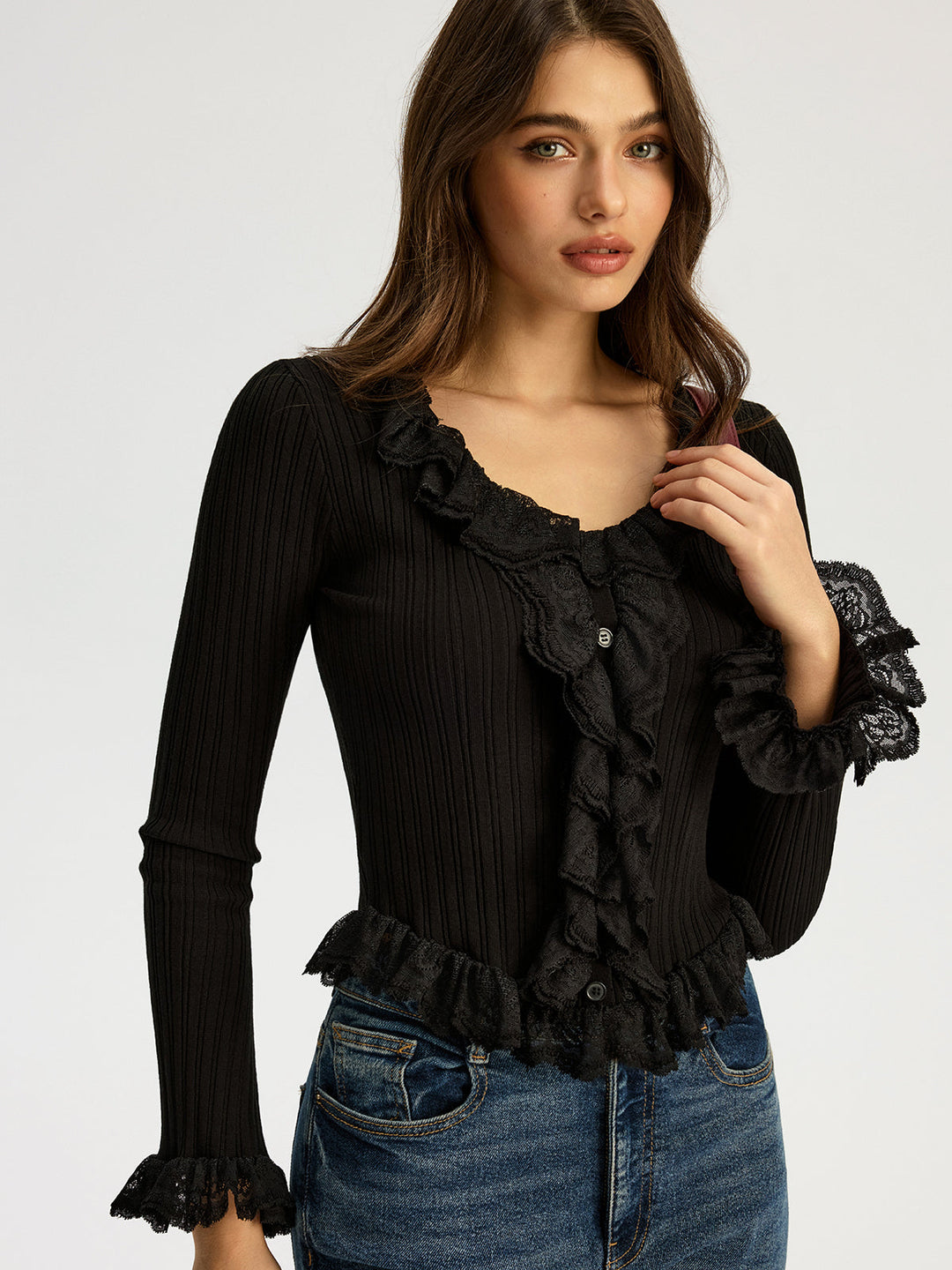 Ruffled Ribbed Long-sleeve Knit Top  Liora Lane Boutique Knit Tops