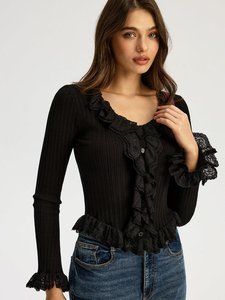 Ruffled Ribbed Long-sleeve Knit Top  Liora Lane Boutique Knit Tops