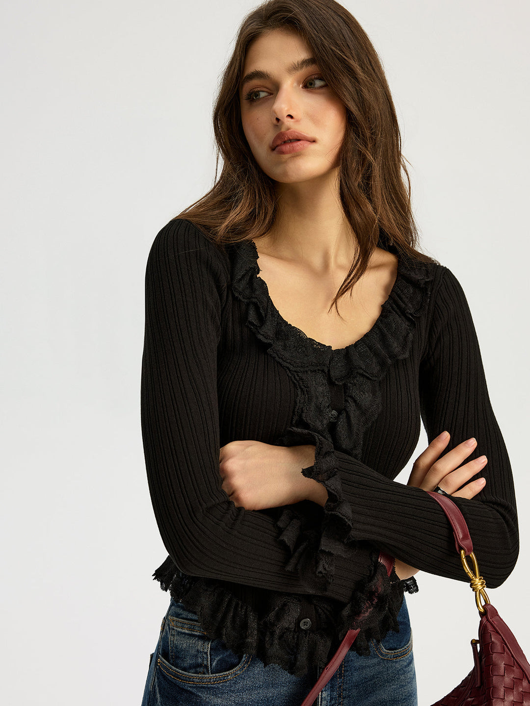 Ruffled Ribbed Long-sleeve Knit Top  Liora Lane Boutique Knit Tops Black / XL 49.00