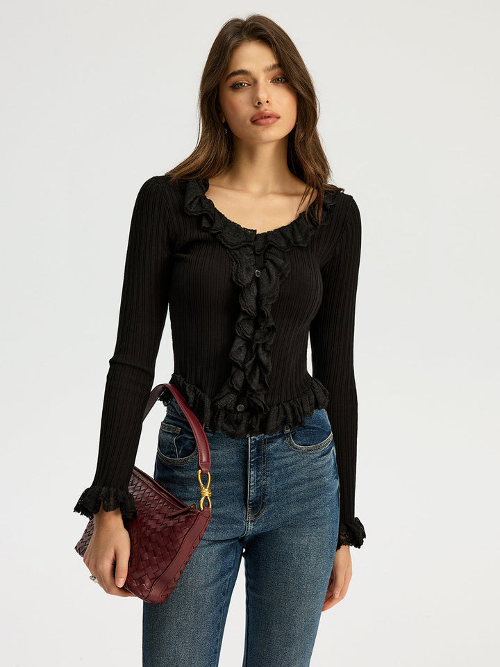 Ruffled Ribbed Long-sleeve Knit Top  Liora Lane Boutique Knit Tops