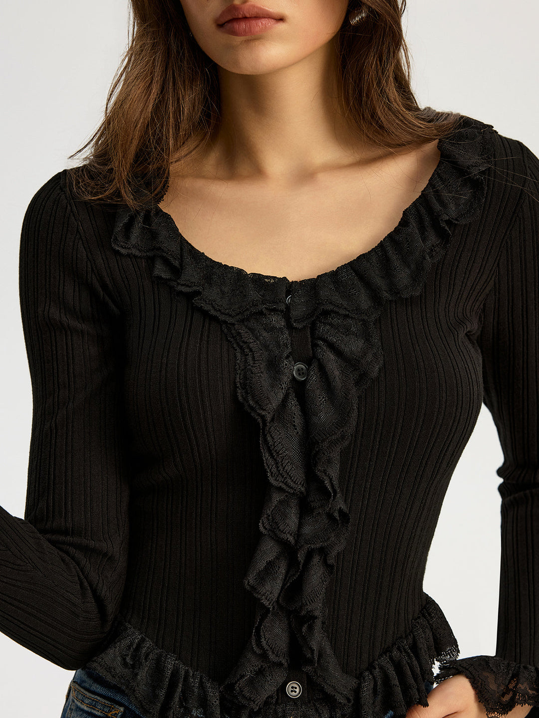 Ruffled Ribbed Long-sleeve Knit Top  Liora Lane Boutique Knit Tops