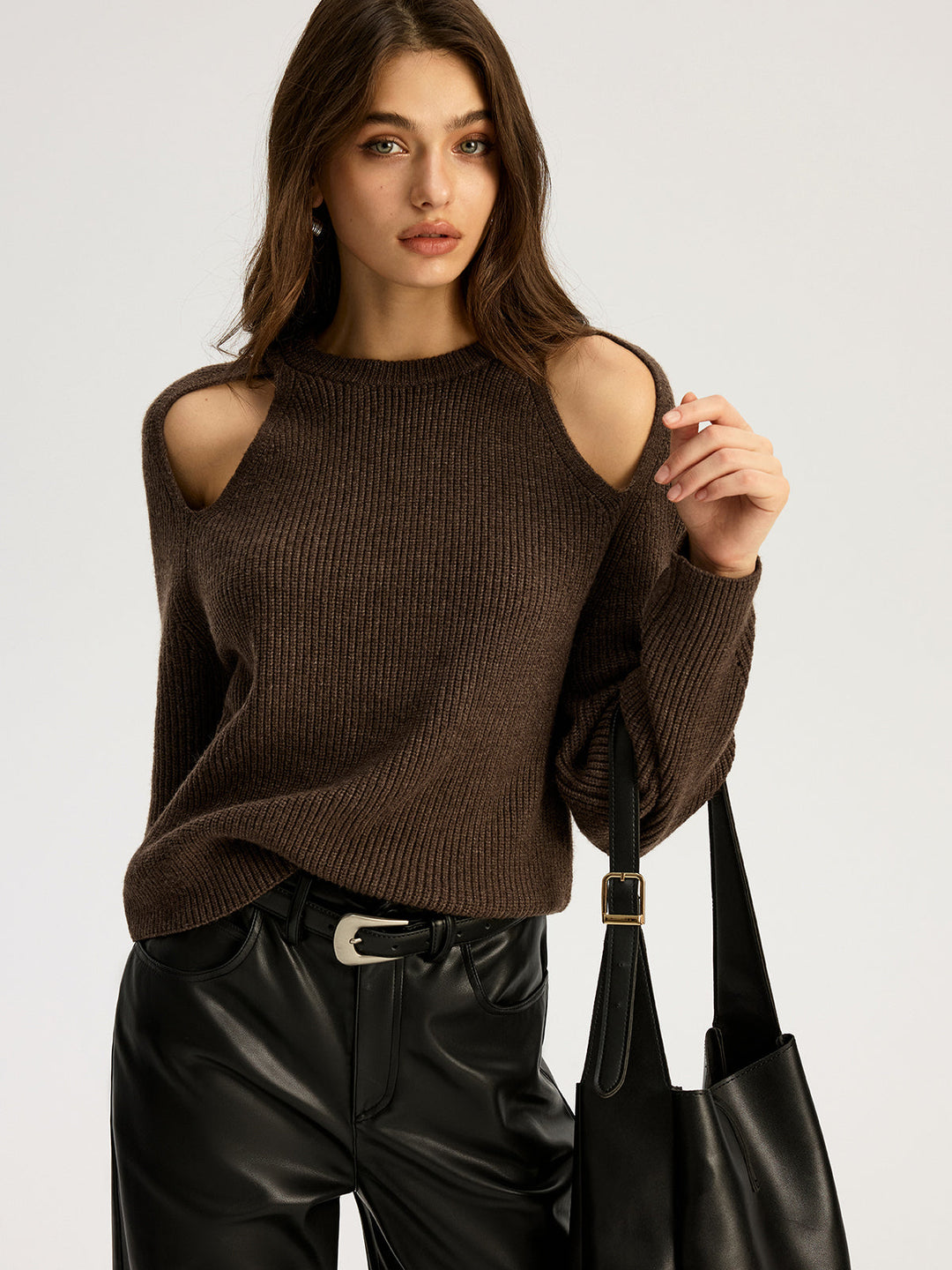 Cut-out Ribbed Knit Sweater  Liora Lane Boutique Knit Tops Brown / XL 45.00