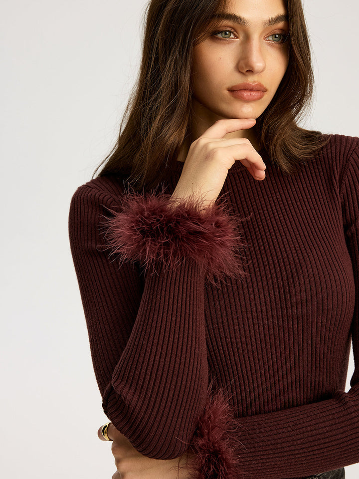 Faux Fur Cuff Ribbed Knit Top  Liora Lane Boutique Knit Tops