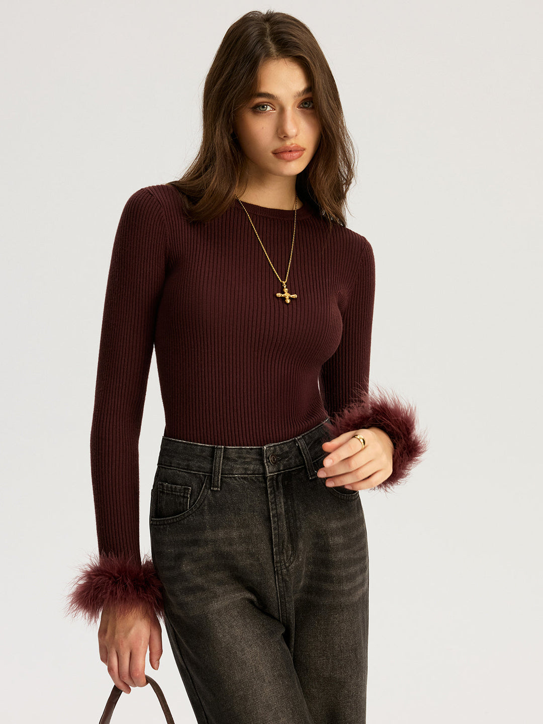 Faux Fur Cuff Ribbed Knit Top  Liora Lane Boutique Knit Tops