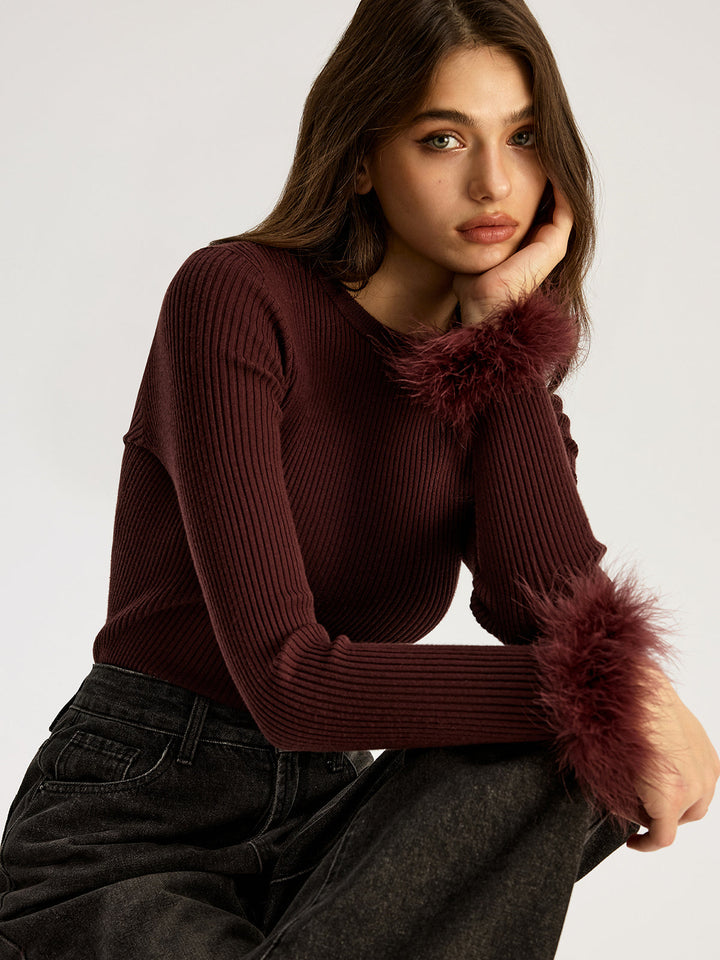 Faux Fur Cuff Ribbed Knit Top  Liora Lane Boutique Knit Tops