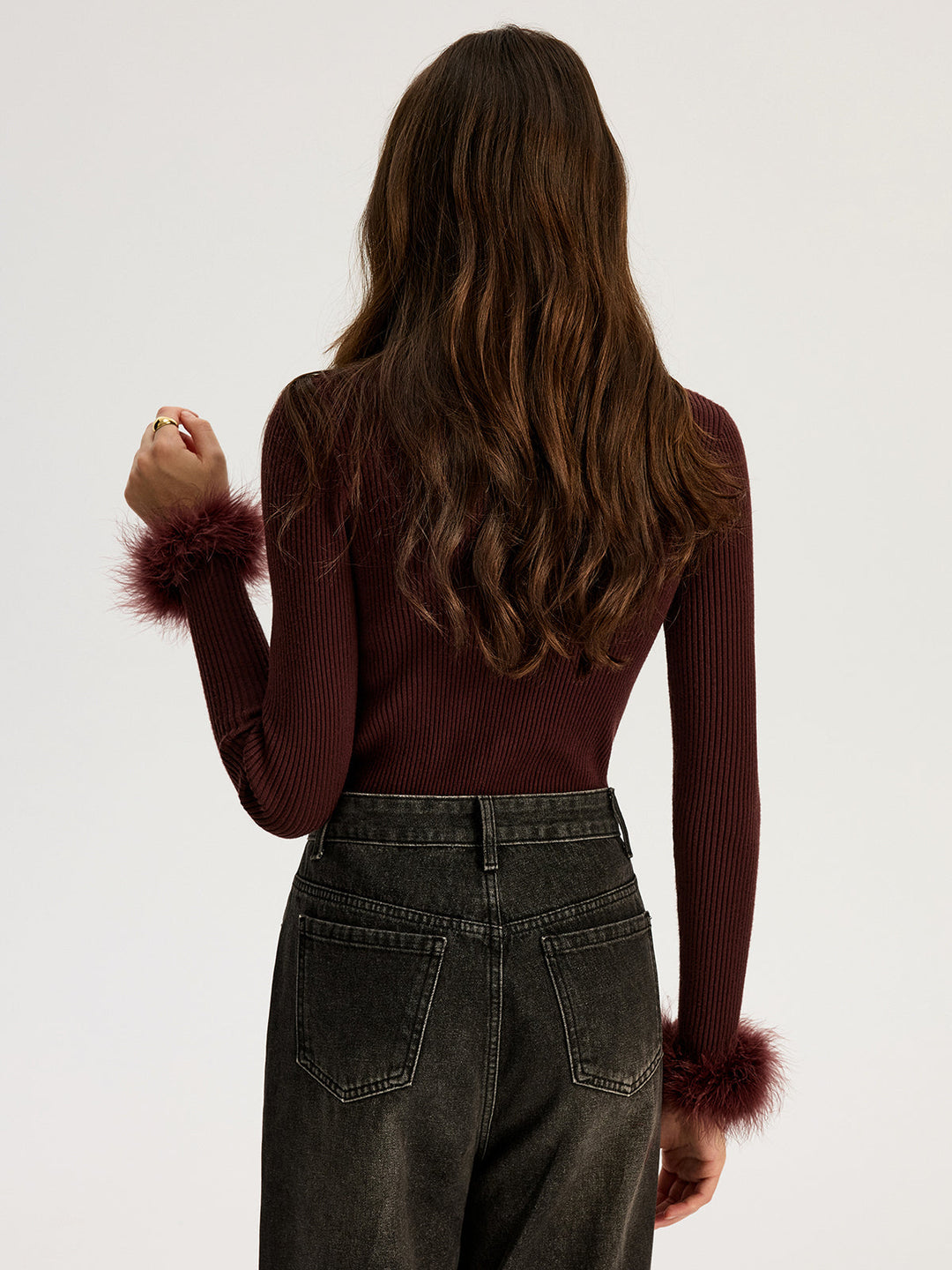 Faux Fur Cuff Ribbed Knit Top  Liora Lane Boutique Knit Tops