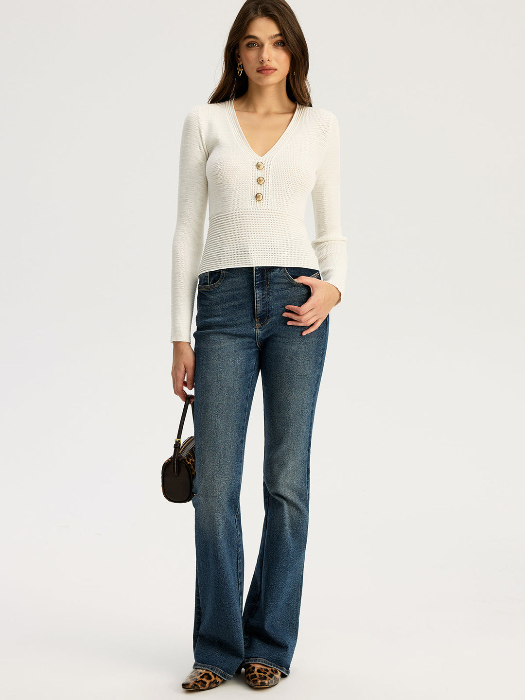 Fitted Long-Sleeve Rib-Knit Top with Metal Button  Liora Lane Boutique Knit Tops