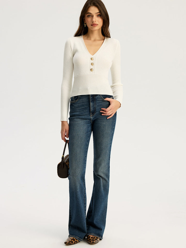 Fitted Long-Sleeve Rib-Knit Top with Metal Button  Liora Lane Boutique Knit Tops