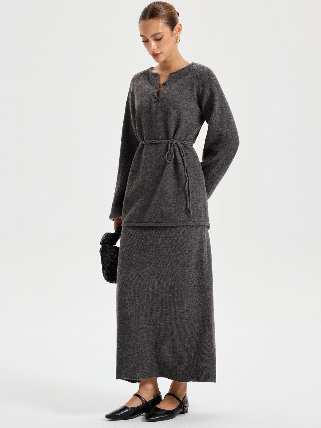 Minimal Tie Front Sweater Co-ords  Liora Lane Boutique Sweater Co-ords Grey / M 148.99