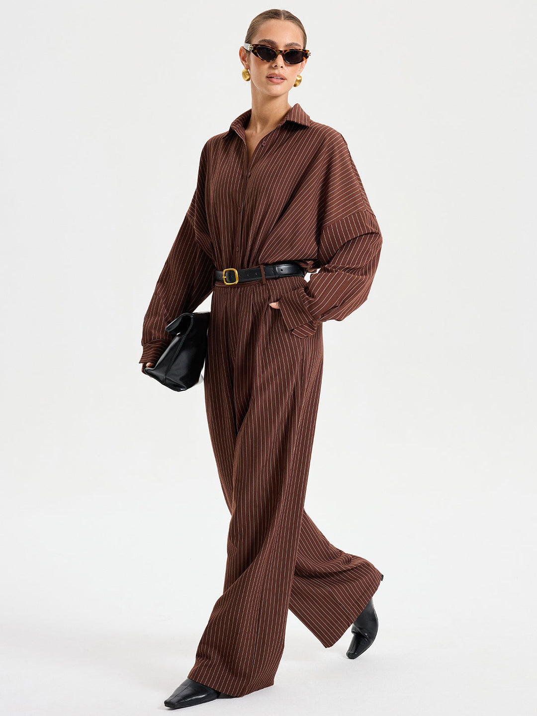 Shirt Collar Pinstripe Long Sleeve Bodysuit  Liora Lane Boutique Bodysuits Dark Brown / XL 48.00