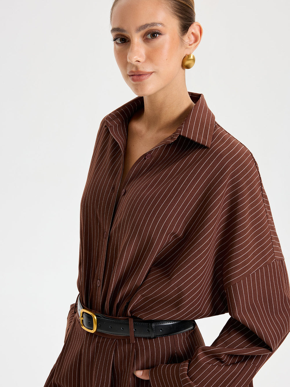 Shirt Collar Pinstripe Long Sleeve Bodysuit  Liora Lane Boutique Bodysuits