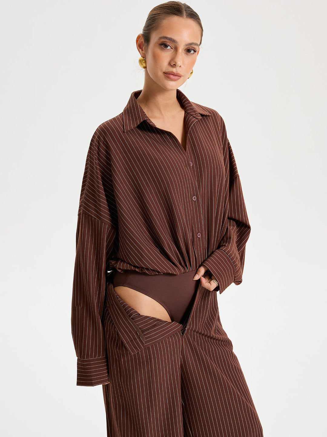 Shirt Collar Pinstripe Long Sleeve Bodysuit  Liora Lane Boutique Bodysuits