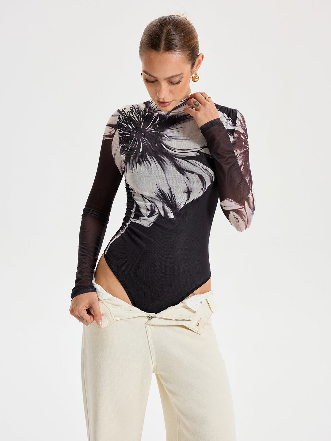 Floral Placement Print Mesh Bodysuit  Liora Lane Boutique Bodysuits