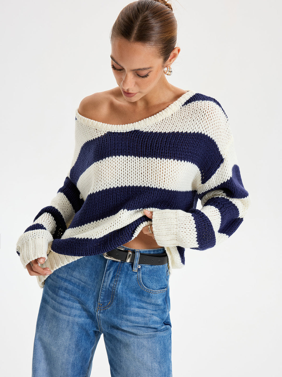 Oversized Striped Sweater Long Sleeve Sweater  Liora Lane Boutique Sweaters Navy / L 94.99