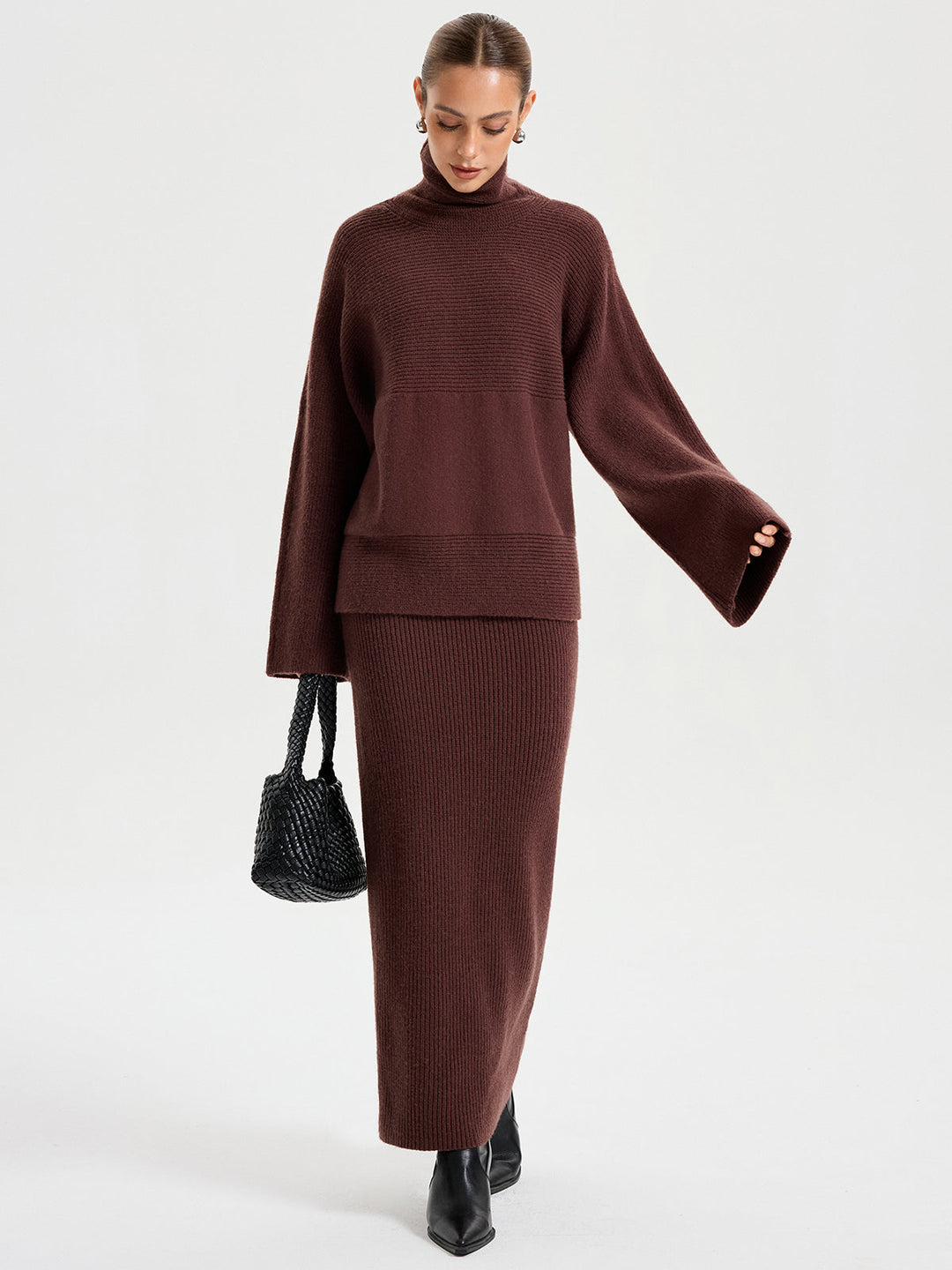 Turtleneck Knit Top and Maxi Skirt Set  Liora Lane Boutique Skirt Sets Dark Brown / XL 99.99