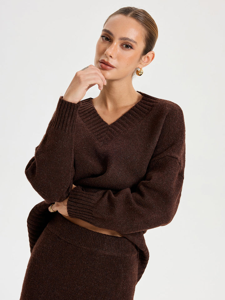 V-neck Knitted Sweater Co-ords  Liora Lane Boutique Sweater Co-ords Dark Brown / S 79.00