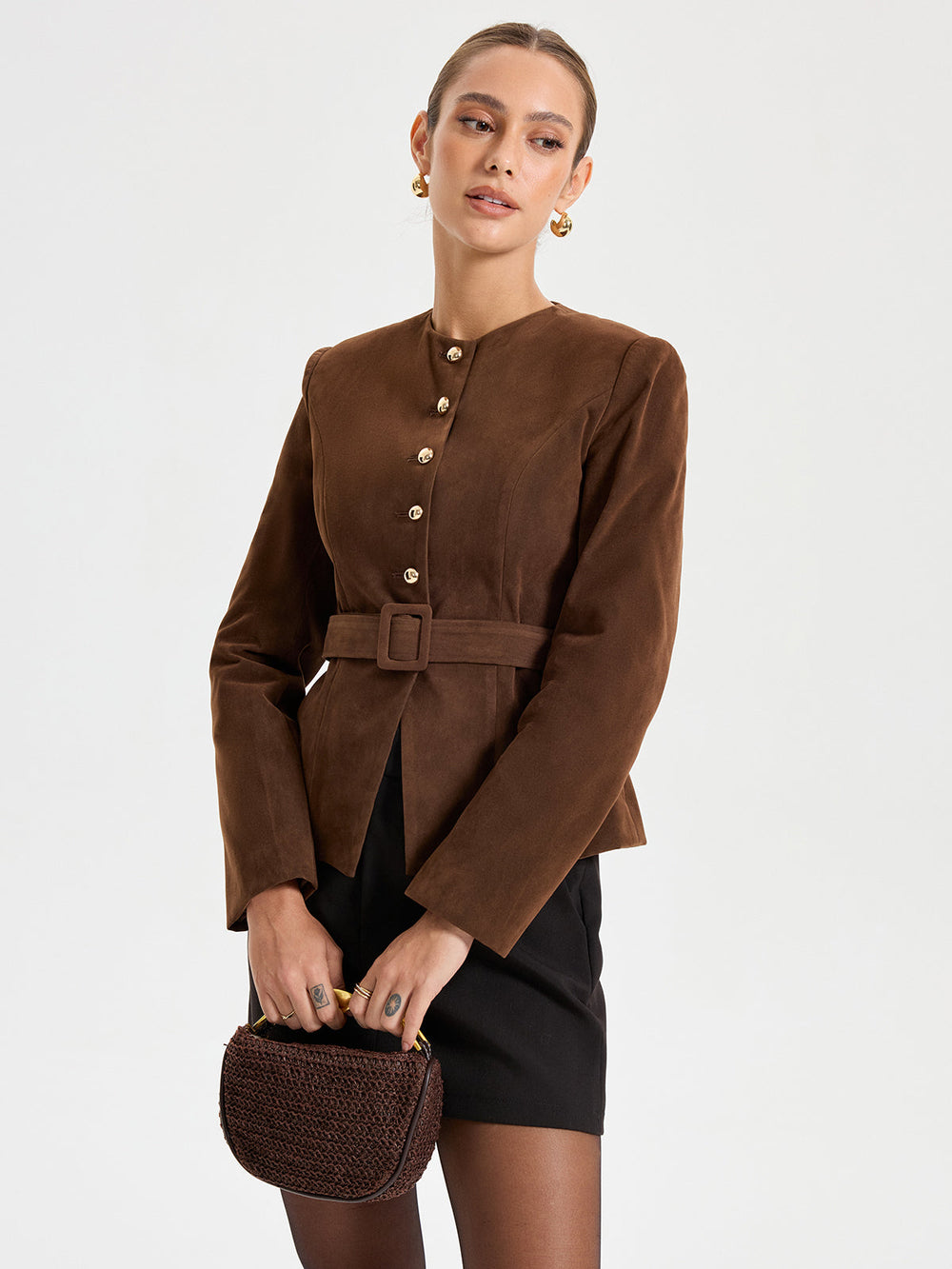 Suede Round Neckline Metal Button Blazer With Belt  Liora Lane Boutique Blazers