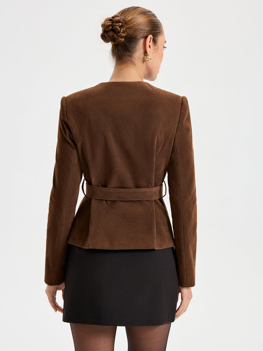 Suede Round Neckline Metal Button Blazer With Belt  Liora Lane Boutique Blazers