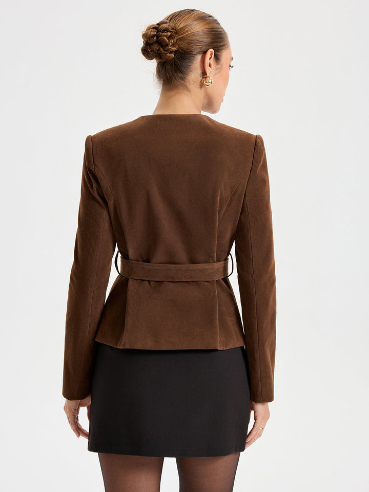 Suede Round Neckline Metal Button Blazer With Belt  Liora Lane Boutique Blazers
