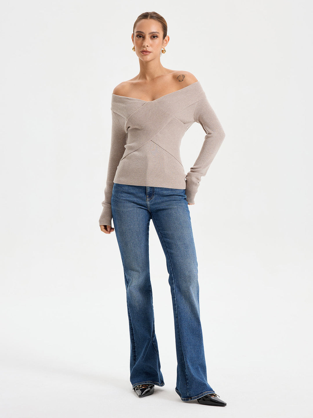 Frenchy Off Shoulder Crossover Sweater  Liora Lane Boutique Sweaters