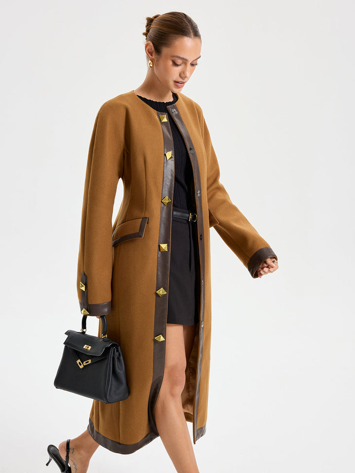 Faux Leather Trim Tweed Long Coat  Liora Lane Boutique Wool Coats Camel / XL 129.00
