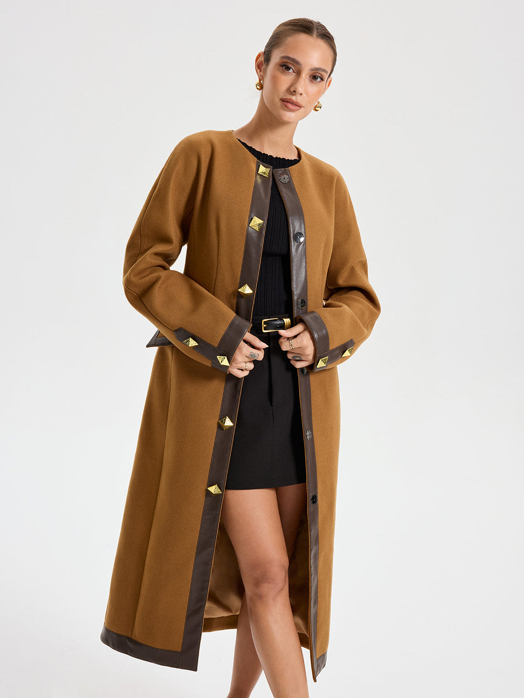 Faux Leather Trim Tweed Long Coat  Liora Lane Boutique Wool Coats
