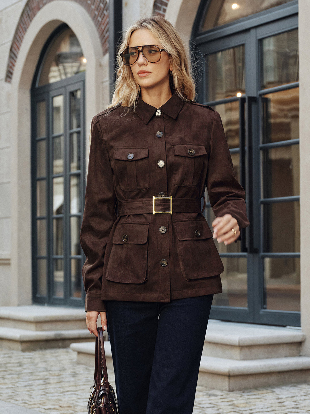 Multiple Pocket Belted Suede Trench Coat  Liora Lane Boutique Trench Coats
