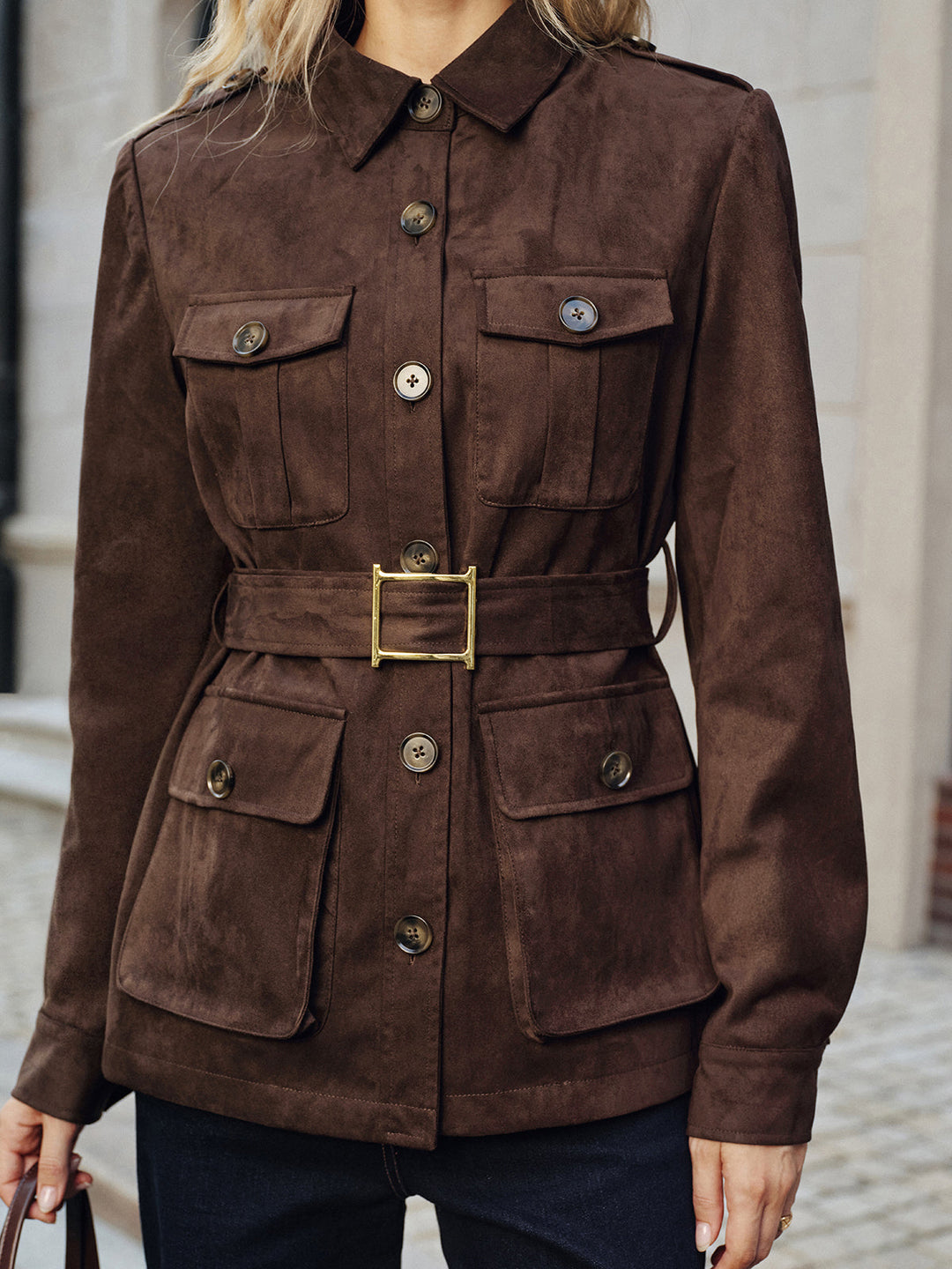 Multiple Pocket Belted Suede Trench Coat  Liora Lane Boutique Trench Coats