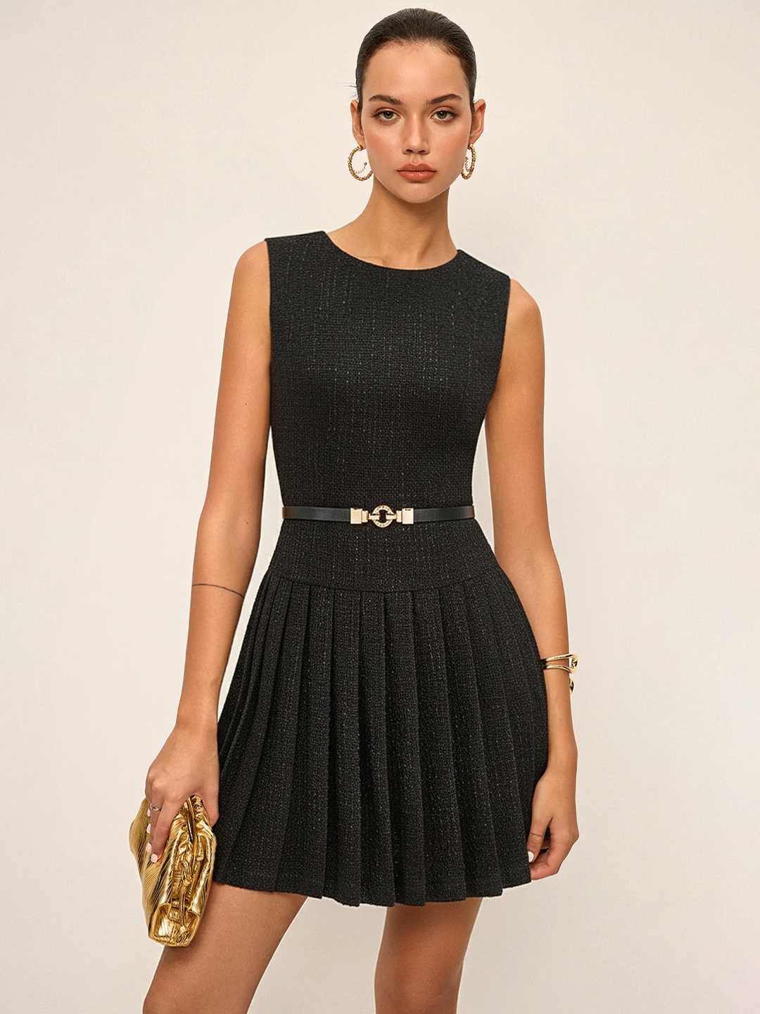 Tweed Sleeveless Pleated Mini Dress with Belt  Liora Lane Boutique Dresses Black / XL 68.00
