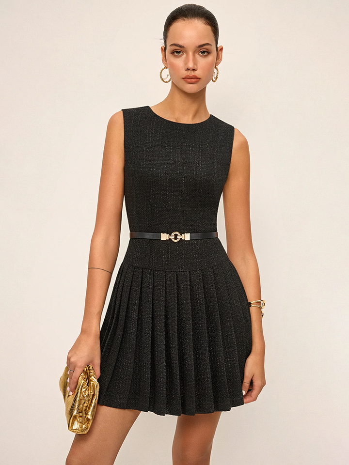 Tweed Sleeveless Pleated Mini Dress with Belt  Liora Lane Boutique Dresses Black / XL 68.00