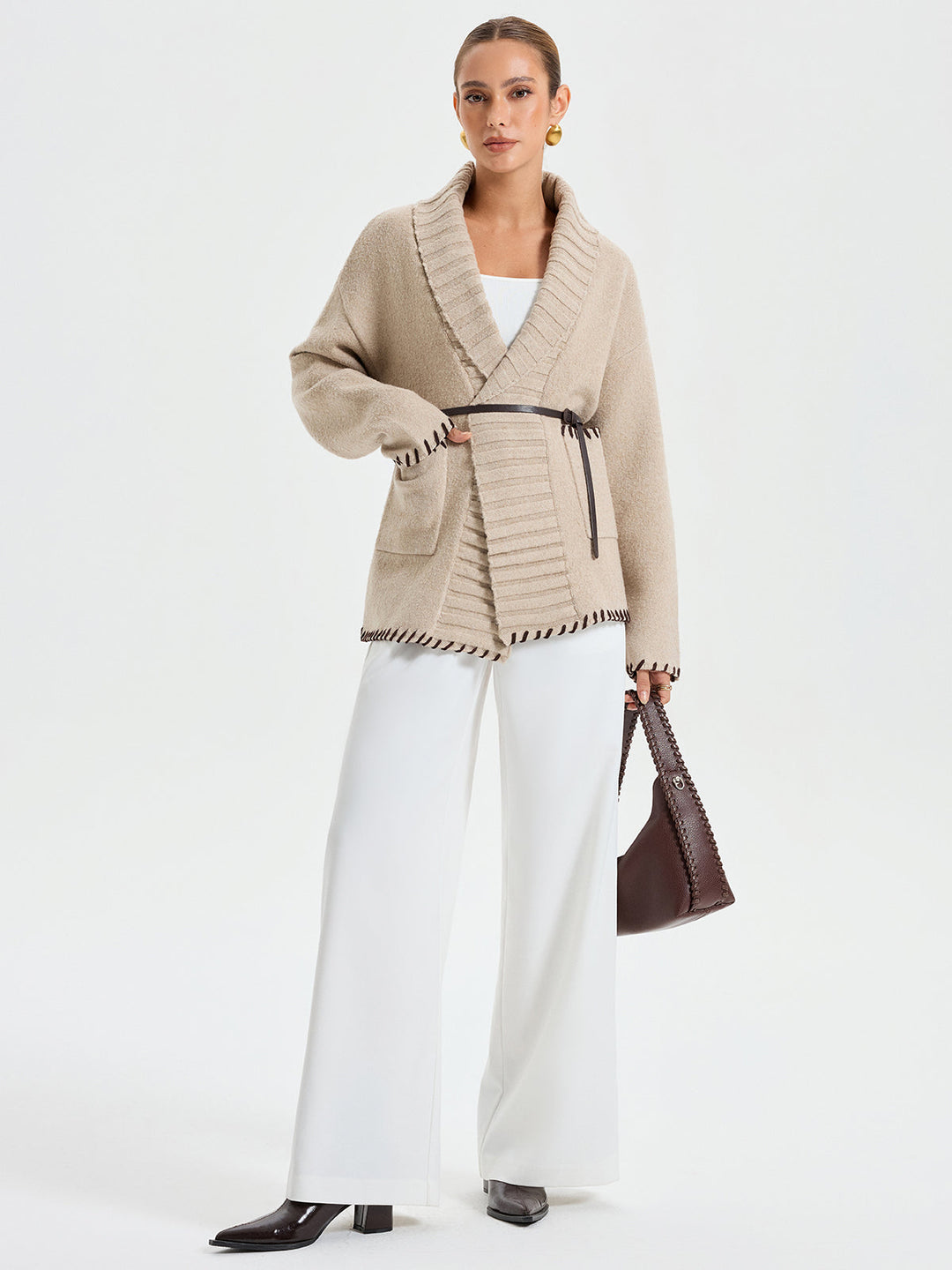 Contrast Stitched Shawl Collar Belted Knit Outerwear  Liora Lane Boutique Knit Outerwear