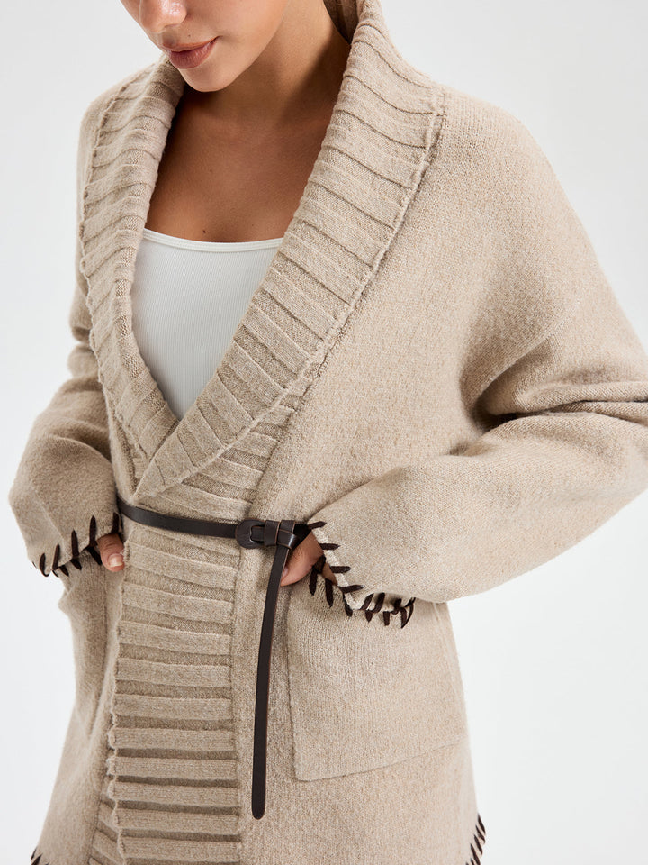 Contrast Stitched Shawl Collar Belted Knit Outerwear  Liora Lane Boutique Knit Outerwear