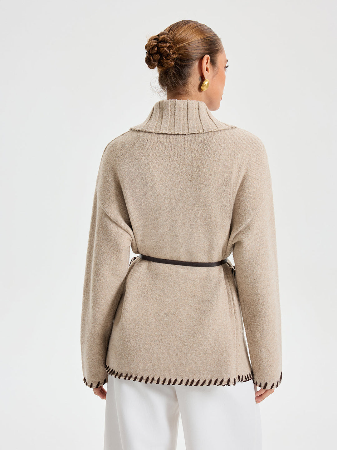 Contrast Stitched Shawl Collar Belted Knit Outerwear  Liora Lane Boutique Knit Outerwear