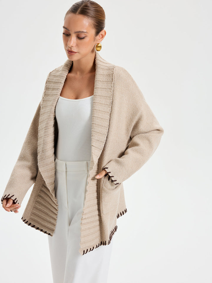 Contrast Stitched Shawl Collar Belted Knit Outerwear  Liora Lane Boutique Knit Outerwear
