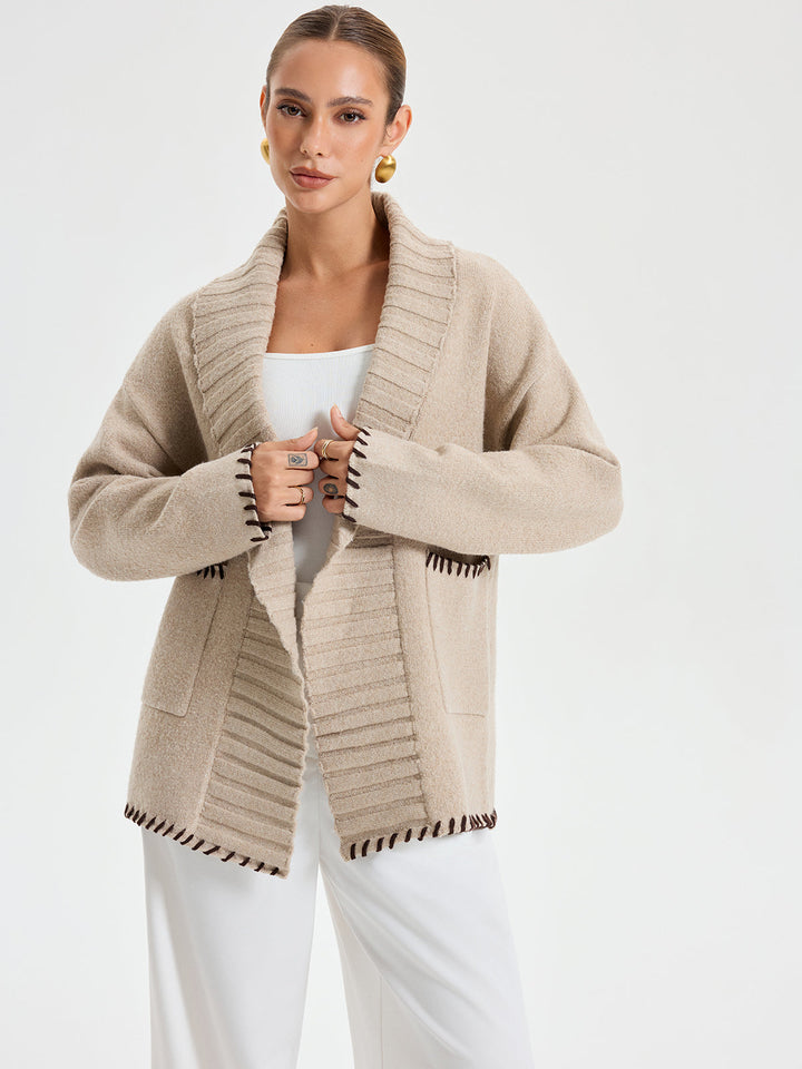 Contrast Stitched Shawl Collar Belted Knit Outerwear  Liora Lane Boutique Knit Outerwear