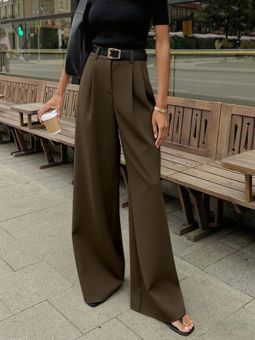 Solid Wide Leg Pants Without Belt  Liora Lane Boutique Pants Light Brown / XL 49.00