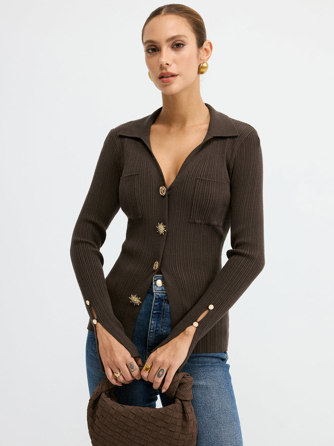 Polo Neck Ribbed Knit Top  Liora Lane Boutique Knit Tops