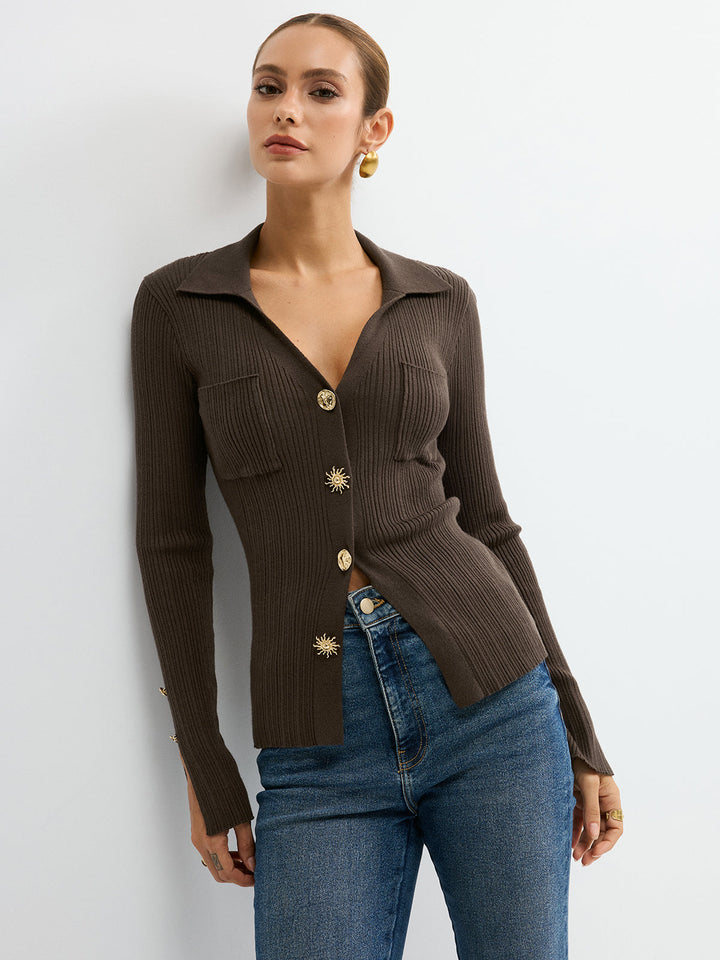 Polo Neck Ribbed Knit Top  Liora Lane Boutique Knit Tops Brown / XL 48.00