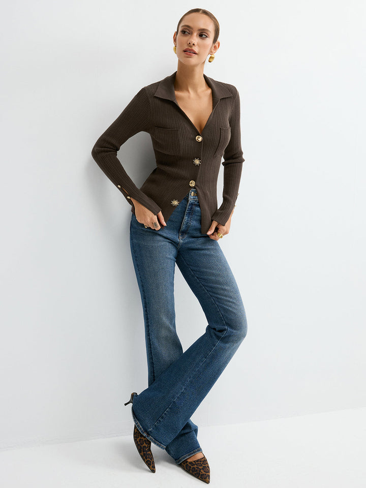 Polo Neck Ribbed Knit Top  Liora Lane Boutique Knit Tops