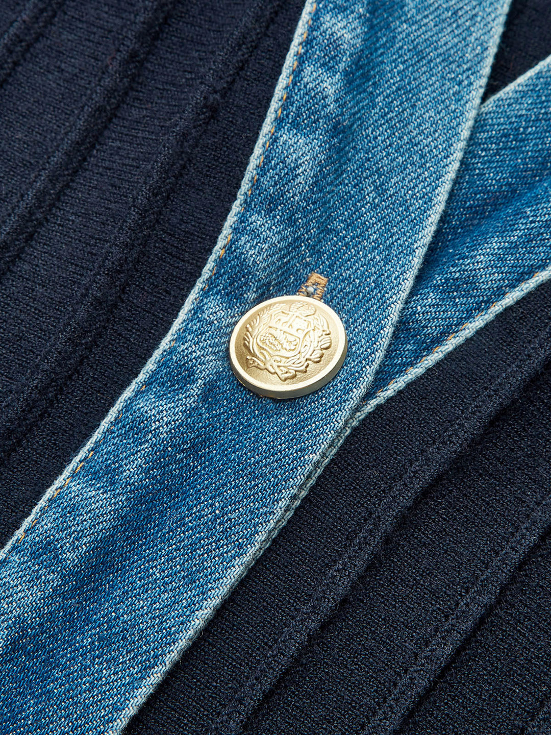 Denim Trim Knitted Peplum Cardigan  Liora Lane Boutique Knit Outerwear