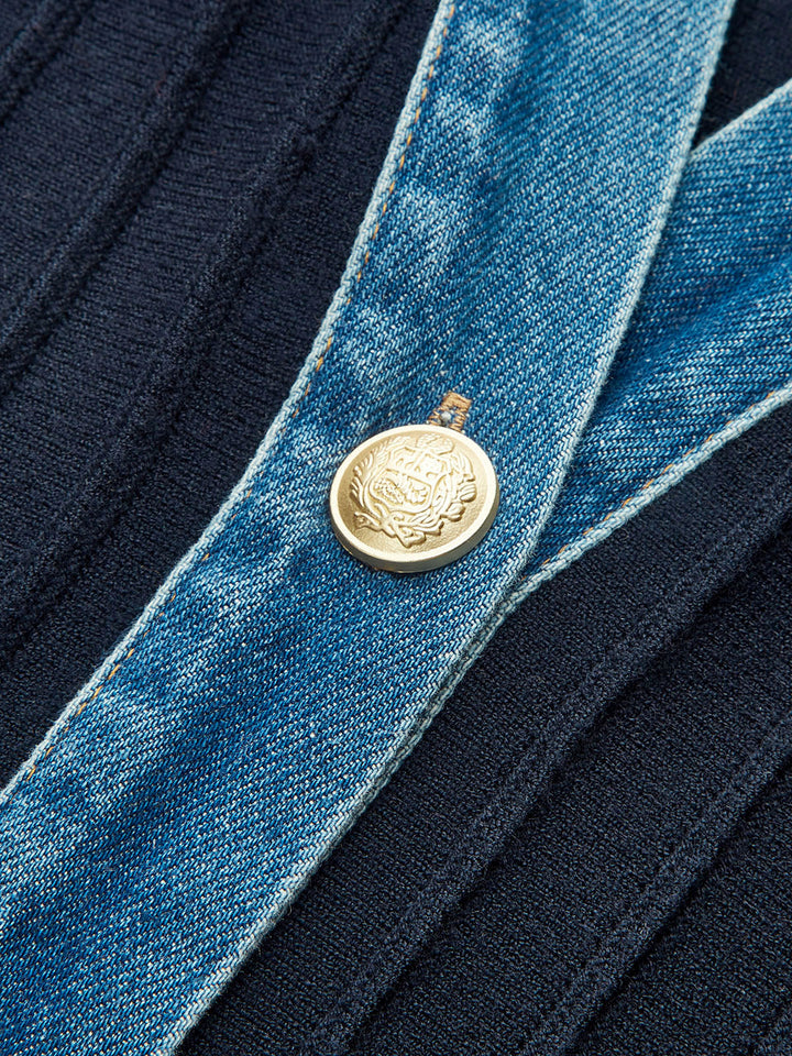 Denim Trim Knitted Peplum Cardigan  Liora Lane Boutique Knit Outerwear