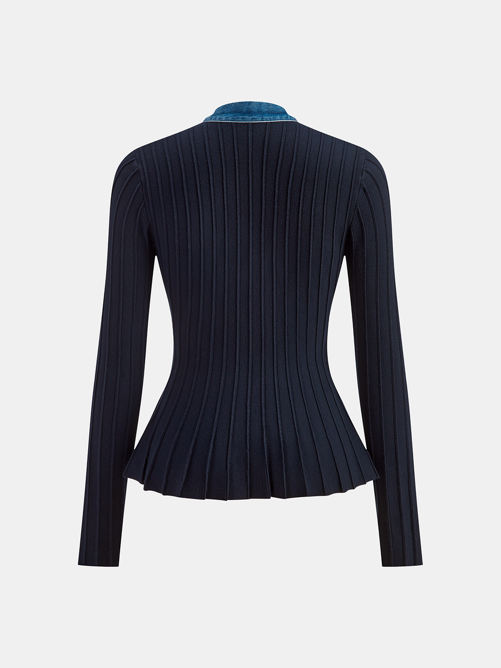 Denim Trim Knitted Peplum Cardigan  Liora Lane Boutique Knit Outerwear